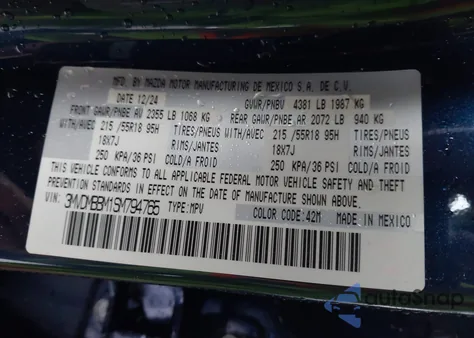 2025 Mazda Cx-30 2.5 S Select Sport z USA, uszkodzony, nr VIN 3MVDMBBM1SM794765